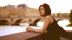 Woman horizon Bridges cities rivers brunettes