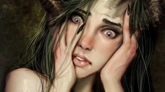 Woman horns scared long hair artwork fantasy art no bra topless 