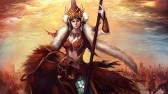 Woman Horses fur Warriors staff crowns digital art girls with 