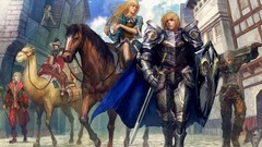 Woman Horses Knights armor shield Camels Swords blondes 