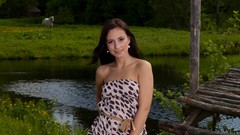 Woman Horses lakes outdoors smiling brunettes models boobs 