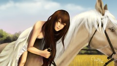Woman Horses long hair brunettes