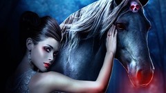 Woman Horses red lipstick fantasy art