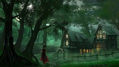 Woman houses forests artwork