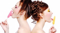 Woman ice cream hairstyle tongue girlfriend eye shadow licking