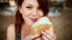 Woman ice cream smiling freckles redheads
