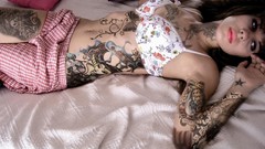 Woman ink tattoos underwear upscaled badquality