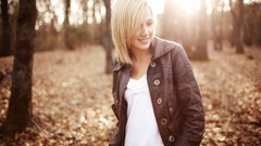 Woman jackets blondes sunlight smiling forests Taylor McCutchan