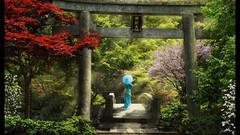 Woman Japan paintings Wood Bridges