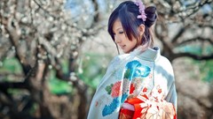 Woman Japan sakura dress Japanese kimono asians cherry blossoms 