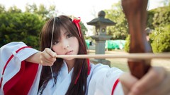 Woman Japanese asians bangs miko Japanese clothes bow (weapon) 