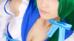 Woman Japanese asians models green hair cleavage panties 