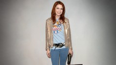 Woman jeans Actress smiling redheads grey background Felicia 