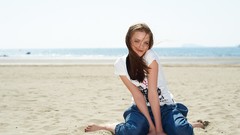 Woman jeans Amelie Beaches smiling brunettes beach girls white 