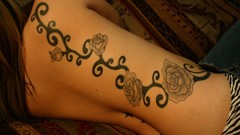 Woman jeans back tattoos brunettes models lying down