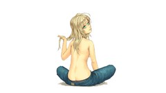 Woman jeans back white background sitting pants blondes long 