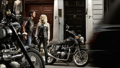 Woman jeans blondes Leather Jacket triumph bonneville 