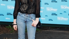 Woman jeans blue background Actress brunettes