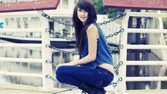 Woman jeans brunettes bangs models