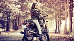 Woman jeans brunettes Leather Jacket motorbikes girls with bikes