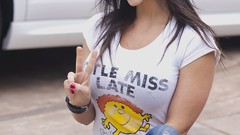 Woman jeans brunettes models denise milani boobs V sign huge 