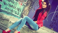 Woman jeans brunettes pumps high heels