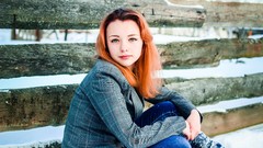 Woman jeans gray eyes cardigan models orange hair suit-jacket