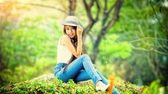 Woman jeans hats asians forests Viet Nam