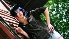 Woman jeans legs blue hair piercings pierced lips jeans panties