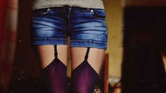 Woman jeans legs stockings lingerie garters jeans panties