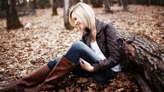 Woman jeans logs sitting blondes models forests