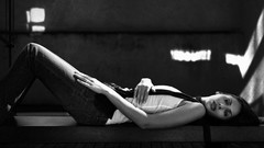 Woman jeans Natalie Imbruglia tank tops brunettes lying down 