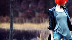 Woman jeans outdoors pantyhose redheads orange hair nipples 