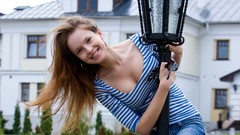 Woman jeans outdoors smiling brunettes models cleavage lamp 