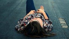 Woman jeans roads brunettes models lying down