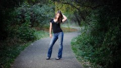 Woman jeans roads brunettes portraits girls in nature