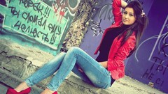 Woman jeans Russian long hair brunettes models