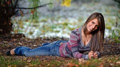 Woman jeans smiling long hair brunettes portraits girls in 