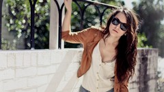Woman jeans sunglasses outdoors brunettes blurred background