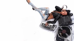 Woman jeans white background music girl