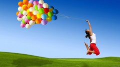 Woman jumping Balloons arms