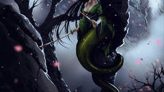 Woman Katana blood long hair blossoms flower petals black hair 