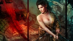 Woman Katana blood Warriors Swords brunettes artwork fantasy 