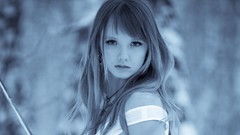 Woman Katana blue background faces Swords blue eyes bangs 