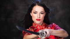 Woman Katana samurai lips Swords brunettes models traditional 