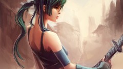 Woman Katana Swords green hair artwork