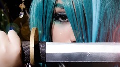Woman Katana widescreen Swords asians blue hair multiscreen 