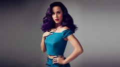 Woman katy perry purple hair blue dress Simple Background