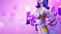 Woman katy perry singers purple hair hand on head exposed 