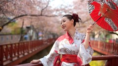 Woman kimono asians parasol models cherry blossoms Korean 